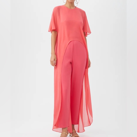 Chic Capote Jumpsuit with sheer short sleeve silk chiffon high-low overlay. - Picture 2 of 3
